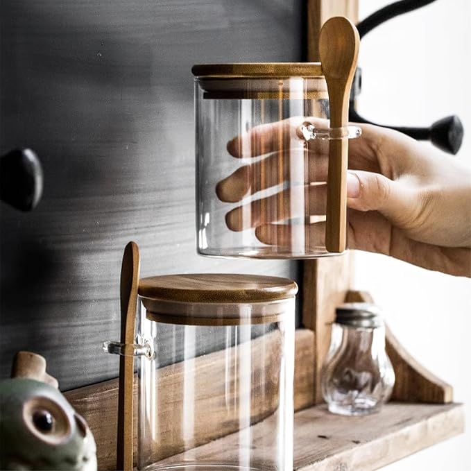 MOLFUJ 2 Pack Clear Glass Storage Canister with Airtight Lid, 15 oz/450 ml Small Decorative Container Jar with Wooden Spoon for Overnight Oatmeal Coffee Spice Candy Salt Cookie Condiment Pepper Sugar