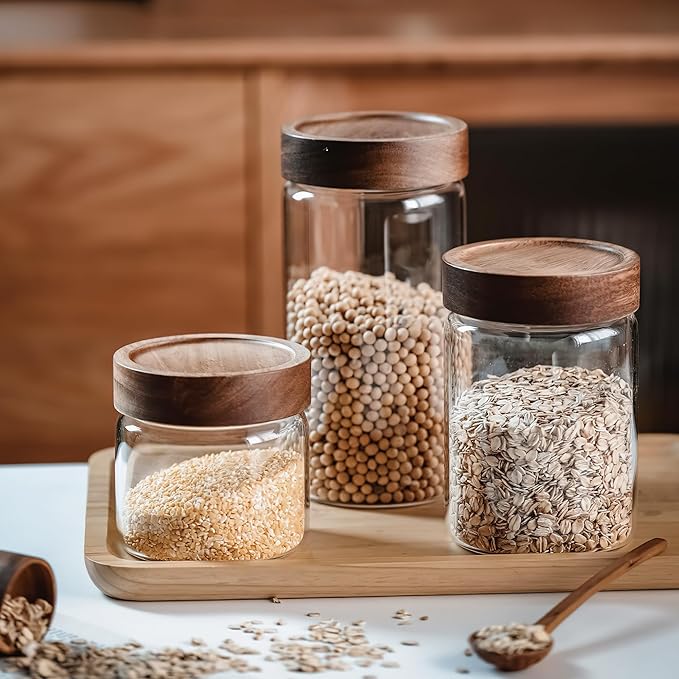 3 Pack 40 oz/1200 ml Clear Glass Storage Canister with Airtight Wooden Screw On Lid, Large Tall Decorative Glass Container Jar Set for Coffee, Nut, Tea, Candy, Cookie, Cereal, Sugar, Flour