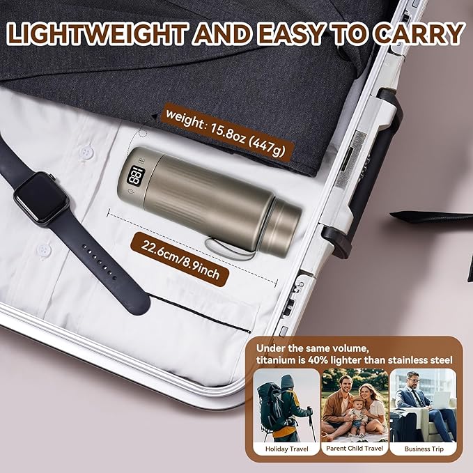 Pure Titanium Travel Kettle,Dual Voltage Portable Electric Kettle 110V-240V Smart Small Water Boiler for Tea & Coffee,12 Temperature Control,Auto Shut Off & Boil Dry Protection (Gray,380ML)