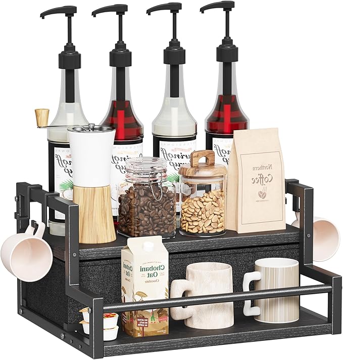 Homeiju Coffee Syrup Organizer Rack, 2-Tier Bottle Coffee Bar Accessories, Holder Stand with K Cup Storage Drawer for Coffee bar, Wine Rack, Storage Shelves for Syrup. (Black)