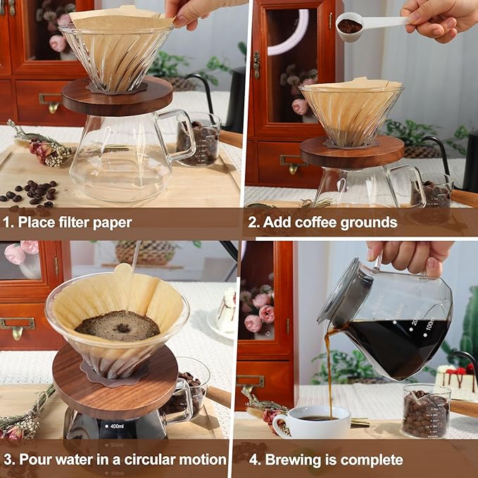 Pour Over Coffee Maker Set 400ml Portable with 50 Pcs Filter Paper Glass Coffee Maker High Borosilicate Glass Eagle Beak Spout Design Walnut Wood Base for Pour Over Dripper for Daily Brewing