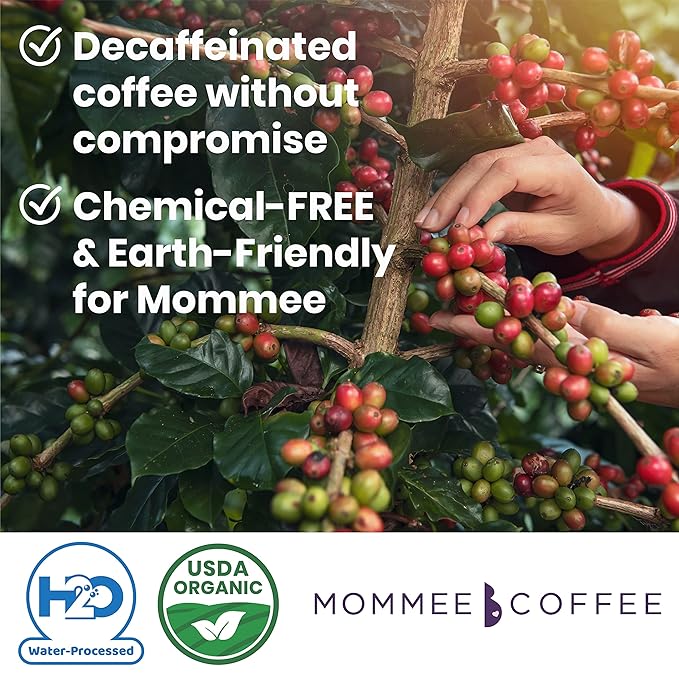 Mommee Coffee Decaf Whole Bean Low Acid Coffee- 100% Arabica Organic Decaf Coffee Beans with Smooth Caramel Flavor - Natural Decaffeination Process - Medium Roast - 11 oz