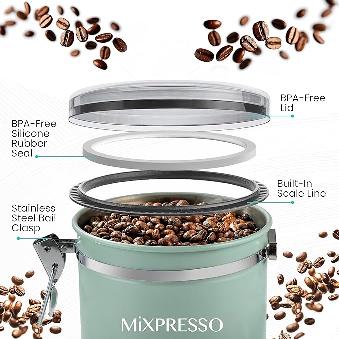 Mixpresso Green Coffee Canister, 16oz Airtight Stainless Steel Kitchen Food Storage Container with Clear Lid and Spoon. for Grounds Coffee, Beans, Tea, Flour, Cereal, Vacuum Sealed Sugar Container