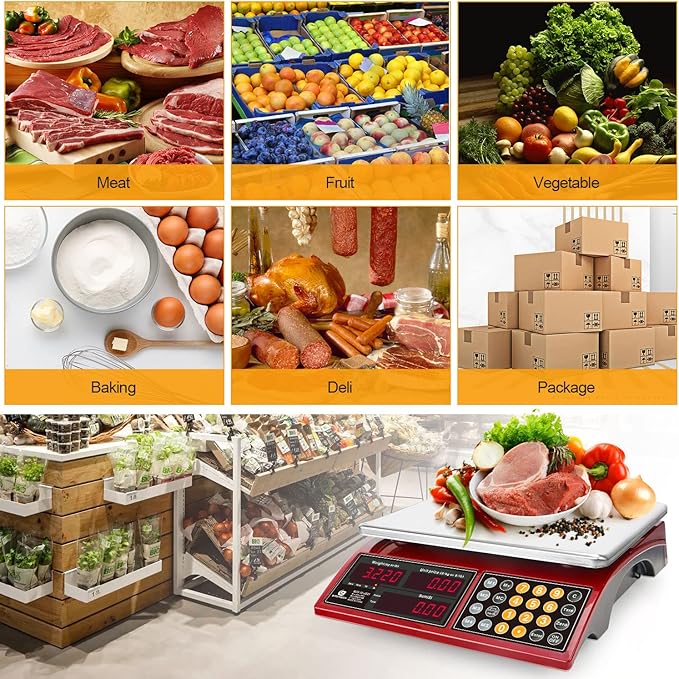 Price Computing Scale 66lb Digital Rechargeable Commercial Kitchen Weight for Produce Food Meat Fruit Vegetable with Dual Display, Give Change Function, 5 Direct Plus Included, Not for Trade