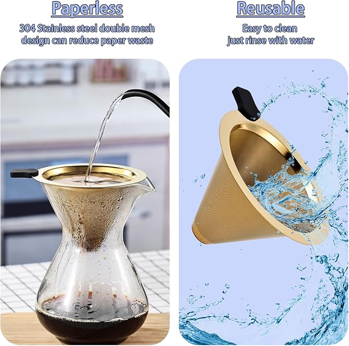Small Size Pour Over Coffee Filter Dripper, Stainless Steel Metal Cone Drip Coffee Filter, Paperless and Permanently Reusable, Double Mesh Coffee,Tea Filter for 1-2 Cups