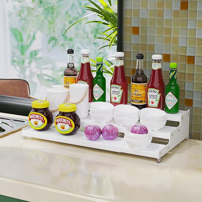 Spice Rack Organizer for Cabinet, 3 Tier Expandable Spices Storage, Great for Kitchen Cabinets, Cupboard,Pantry and Countertop More 2 Packs/White