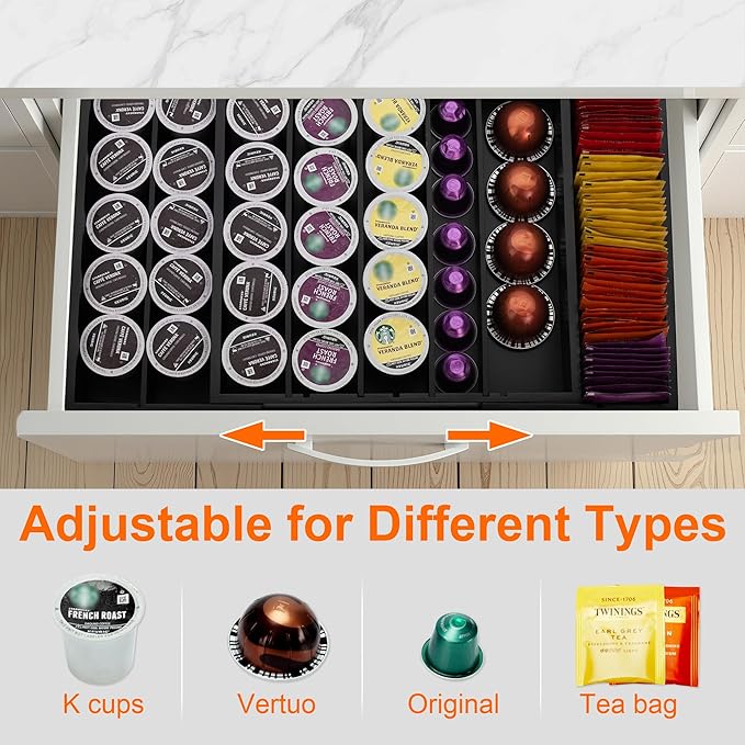 MinBoo Bamboo Drawer Organizer - Expandable K Cup & Pods Holder, Coffee Pod Storage, Tea Organizer, Versatile Kitchen Accessory Organization and Storage,Black