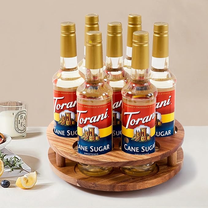 Acacia Wood Rotating Syrup Organizer, 7 Bottle Syrup Rack, Coffee Station Organizer with Large Base and Anti-Slip Pads