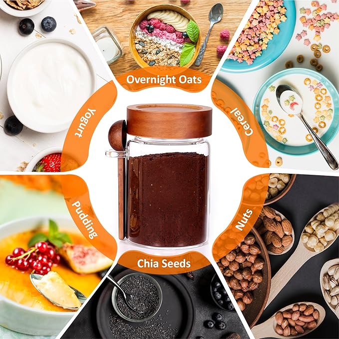 4 Pack 18 oz/550 ml Glass Storage Canister with Airtight Wooden Lid, Clear Small Decorative Container Jar with Spoon for Salad Overnight Oats Snacks Yogurt Cereal Fruit Spice Sugar Coffee