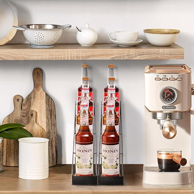 Mustry Coffee Syrup Rack for Coffee Bar Accessories, Fits with Torani and Monin Syrup, Coffee Bar Organizer Holds 4 Bottles