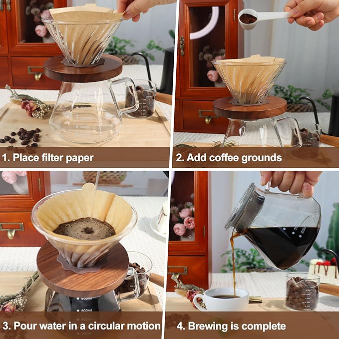 Pour Over Coffee Maker Set 600ml Portable with 100 Pcs Filter Paper Glass Coffee Maker High Borosilicate Glass Eagle Beak Spout Design Walnut Wood Base for Pour Over Dripper for Daily Brewing