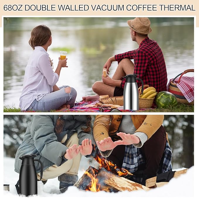 Uiifan 2 Pcs 68oz Thermal Coffee Carafe Insulated Stainless Steel Coffee Carafe for Hot Liquids Double Walled Vacuum Pot Creamer Pitcher Dispenser with Brush for Keeping Milk Tea(Silver, Black)