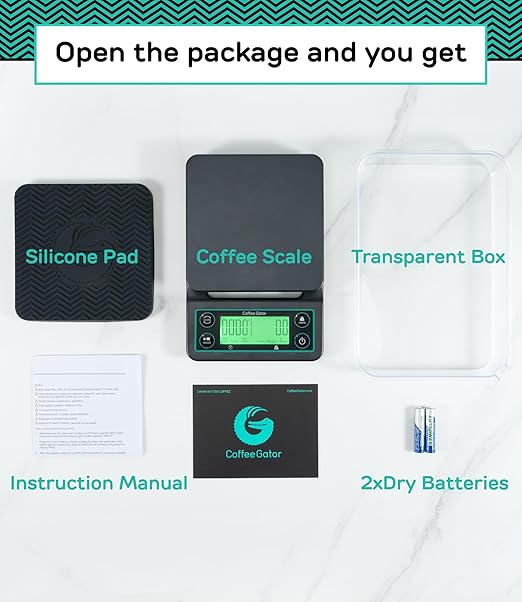 Coffee Gator Coffee Scale 0.1g Precision with Timer - 3kg Digital Scale Large LCD Weighing Kitchen Multifunctional for Pour-Over, Espresso, French Press, Bean, Food, Drink