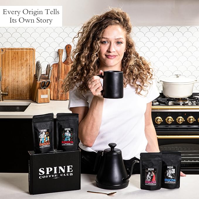 Spine Coffee Club LLC 4-Pack Gourmet Coffee Sampler Gift Box Set with Ethiopia, Sumatra, Guatemala, Kenya Single Origin Selection – Ground Coffee