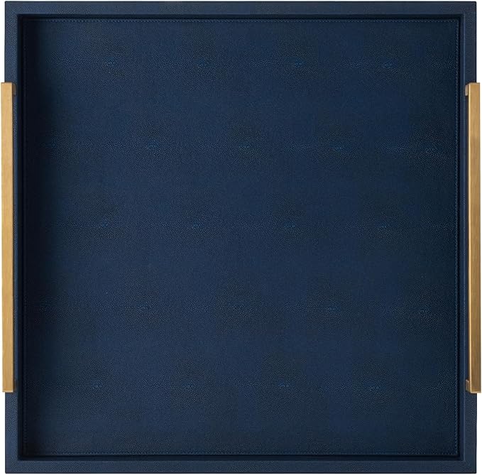 Large Navy Blue Decorative Tray for Ottoman,Stylish Rectangle Coffee Table Tray with Handles,Versatile Serving Tray for Living Room and Home Decor
