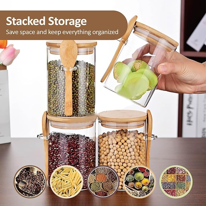 34 oz/1000 ml Glass Storage Canister with with Airtight Lid, Cute Clear Decorative Container Jar with Wooden Spoon for Coffee Spice Candy Salt Cookie Condiment Sugar Matcha Tea Overnight Oats