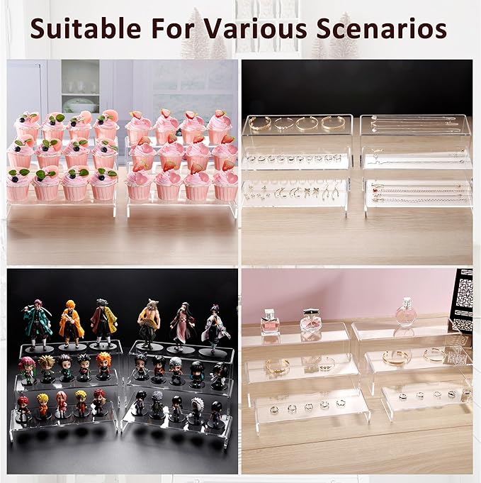 2 Set Large Acrylic Clear Display Risers, 3 Sizes 12" Rectangular Showcase Collectibles Display Shelf, 5mm Thick Desktop Display Stand Holder for Figures, Jewelry, Perfume, Toys