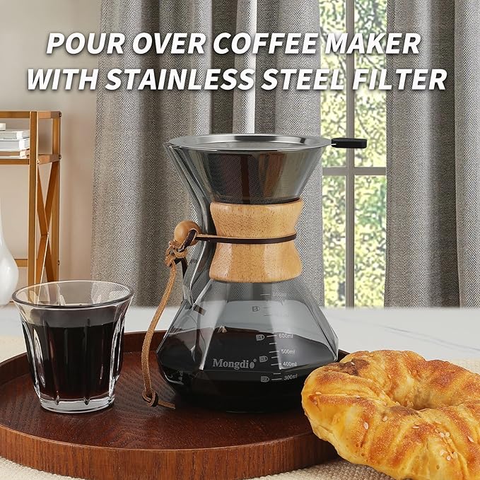 Mongdio 27 Oz Pour Over Coffee Maker with Stainless Steel Filter and Wooden Collar Holder, Borosilicate Glass Coffee Maker for Camping Home, 800ML/27OZ, Gray
