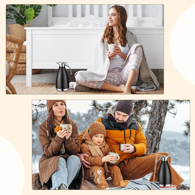 Uiifan 2 Pcs 68 oz Thermal Coffee Carafe Insulated Stainless Steel Coffee Carafe for Hot Liquids Vacuum Thermal Pot Creamer Dispenser with Brushes Keeping Hot Tea Milk Water(Black)