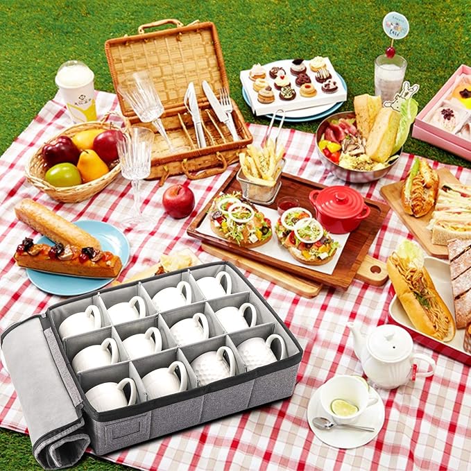 TOPZEA Cup and Mug Storage Box, China Cup Storage Box with Lid and Handles, Holds 12 Coffee Mugs and Tea Cups, Moving Boxes for Mugs and Cups, Fully-Padded Inside, Hard Shell and Stackable, Grey