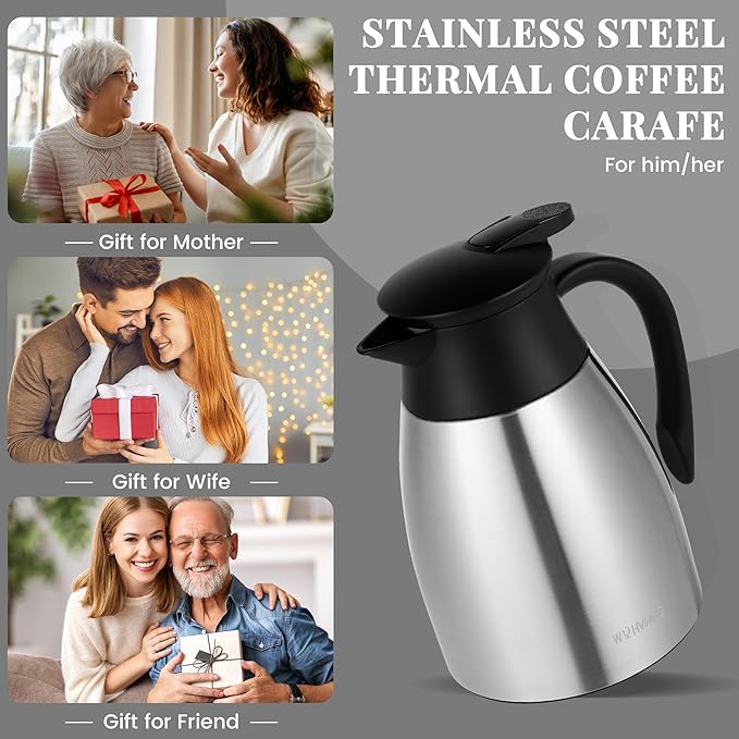 34 Oz Thermal Coffee Carafe, Stainless Steel Insulated Vacuum coffee crafts to keep coffee hot, 1 Liter Tea Water Coffee and Beverage Dispenser (Silver)