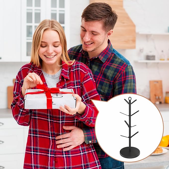 simesove Coffee Mug Holder, Non-Slip Cup Tree with 8 Hooks, Wood Stand Organizer for Counter, Bar and Kitchen Home Decor (Black)