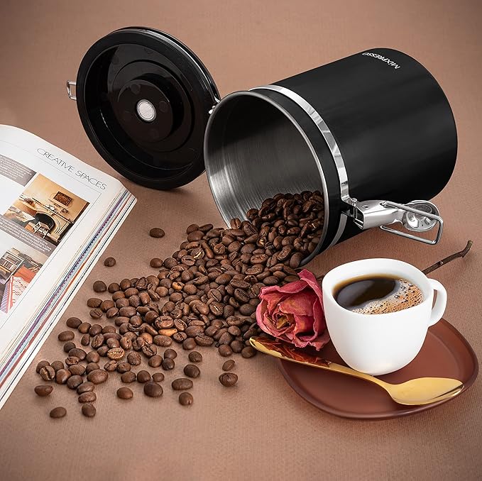 Mixpresso 16 Oz Black Coffee Canister, Stainless Steel Airtight Coffee Container, Air tight Jar Tea Storage with Date Tracker, Vacuum Sealed Espresso Airtight Canister, Sugar Container for Home