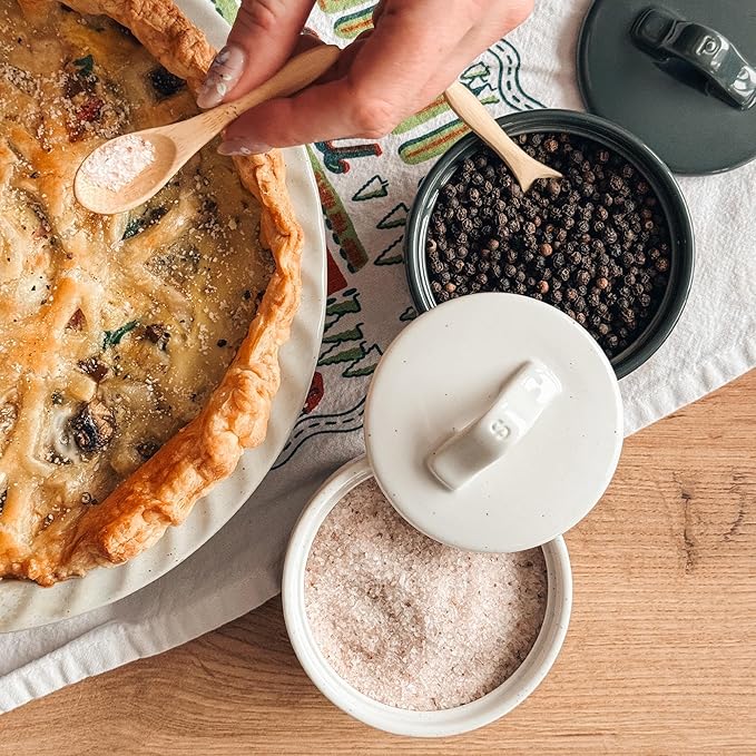 Mora Ceramic Salt and Pepper Cellar Set with Lid - 10 oz Modern Canister/Container/Bowl for Storage, Sea Salt, Spice, Sugar, Countertop - Small Dish/Jar with Wood Spoon, Black & White Crock