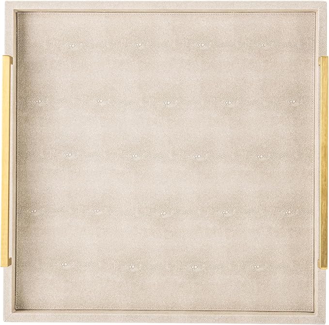 Large Ottoman Tray for Coffee Table,Square Shagreen Leather Decorative Tray with Gold Handles for Living Room Decor