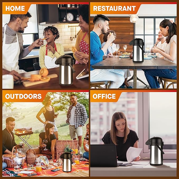 64 Oz Airpot Coffee Dispenser with Pump, 2Pcs Insulated Thermal Coffee Carafe - Stainless Steel Hot Beverage Dispenser - Coffee Urn for Hot/Cold Water, Drink Dispenser for Parties