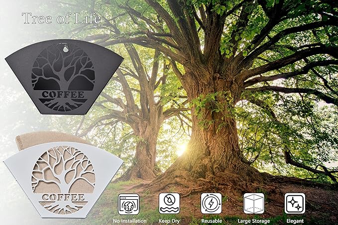 Stylish Coffee Filter Holder with Iron Fan Shape Evenly Spread out Filters, Coffee Filter Rack with Tree of Life Decor Upgrade Your Coffee Enjoyment, Perfect for Home or Office Use (Black)