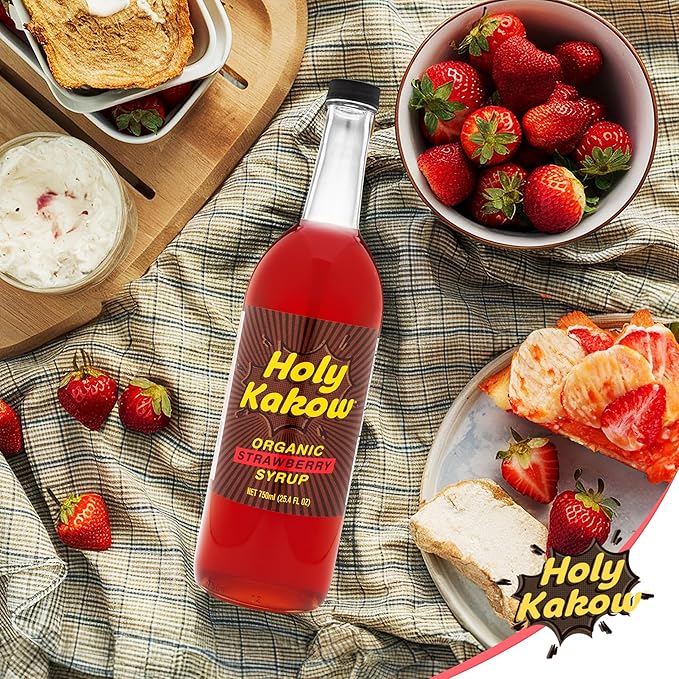Holy Kakow Organic Strawberry Syrup - Strawberry Syrup for Drinks, Fruit Syrup, Dye Free Strawberry Syrup, Liquid Sugar, Cane Sugar Syrup, Strawberry Simple Syrup, All-Natural, Non-GMO - 750 ml