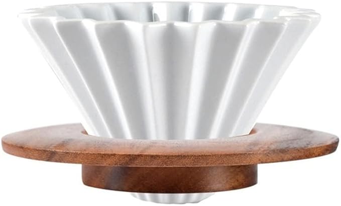 Ceramic Coffee Dripper Pour Over Coffee Maker with Wood Stand Elegant Flower Shape V60 Filter (white)