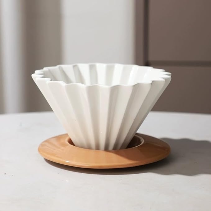 Ceramic Coffee Dripper Pour Over Coffee Maker with Wood Stand Elegant Flower Shape V60 Filter (black)