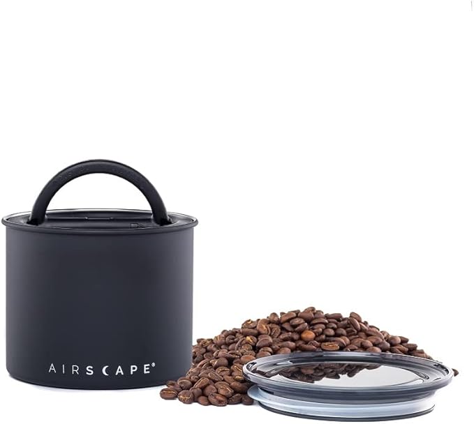 Planetary Design Airscape® Stainless Steel Coffee Canister | Food Storage Container | US Patented Inner Plunger Lid REMOVES Excess Oxygen | Don't Buy airtight, Buy AIR-Less (Small, Matte Black)