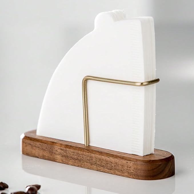 Coffee Filter Holder – Elegant Filters Storage, Size 01 and 02 Cone Coffee Filter Organizer, Walnut & Brass Design