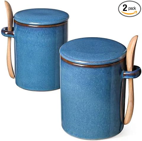LE TAUCI Sugar Bowl with Lid and Spoon, Ceramic Salt Container, Small Sugar Jar for Kitchen, Coffee bar, Countertop - 12 oz, Set of 2, Ceylon Blue