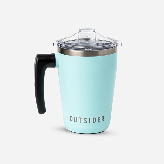 OUTSIDER Stainless Steel Vacuum Insulated Coffee Mug/Cup with Rotating Handle and Spill Proof Lid – Great Travel Tumbler for Outdoor, Home, Office – 17 ounces, Teal