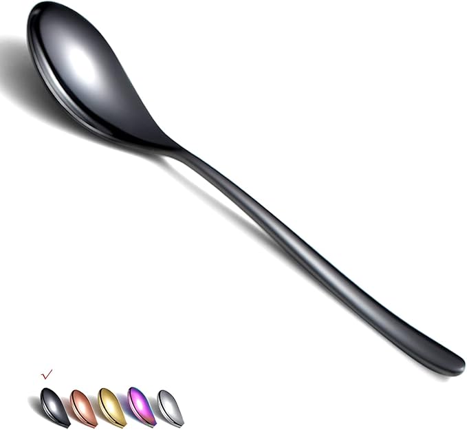 Black Dinner Spoons 6 Piece, 8.1'' Stainless Steel Tablespoons, Soup and Dessert Spoons, Silverware for Home, Kitchen or Restaurant, Dishwasher Safe