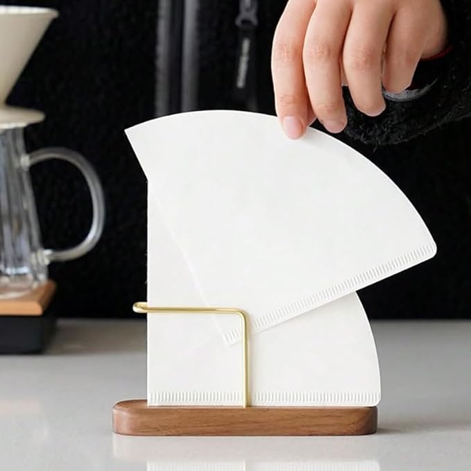 Coffee Filter Holder – Elegant Filters Storage, Size 01 and 02 Cone Coffee Filter Organizer, Walnut & Brass Design