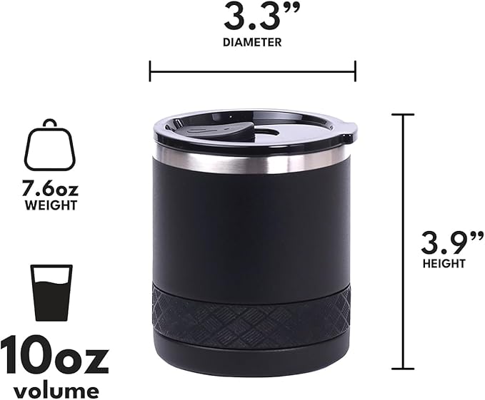 Elemental Recess Lowball Tumbler Set of 2, 10oz Triple Wall Stainless Steel Cup with Non-Shattered Tritan Lid, Insulated Whiskey Glass, Insulated Coffee Tumbler Mug for Hot & Cold Drinks - Black