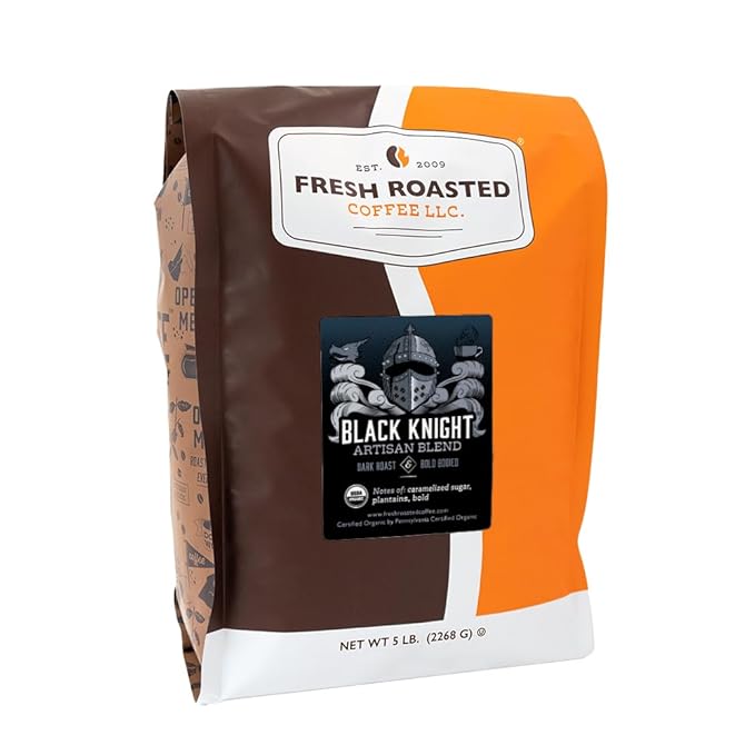 Fresh Roasted Coffee, Organic Black Knight | USDA Organic, Kosher | Dark Roast 5 lb (80 oz) Ground