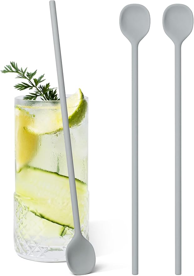 2Pcs Carrotez 9.9" Silicone coffee stirrer, Long Coffee Spoon, Reusable Iced Tea Spoon, Multipurpose Beverage Stirring Stick - Grey