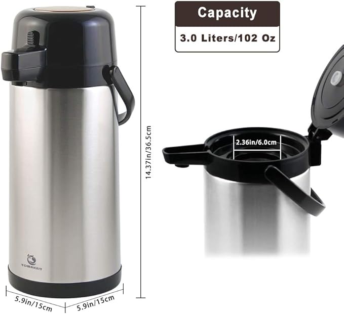 Airpot Coffee Carafe for Keeping Hot,102oz/3L Coffee Dispenser Thermal with Pump,Insulated Stainless Steel Hot Beverage Dispenser for Parties,Thermal Carafe for Hot Drinks Water Tea Chocolate
