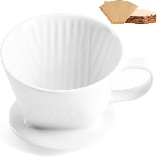 Pour Over Coffee Dripper with 60PCS Paper Filter, Ceramic Pour Over Coffee Maker with 3 Holes Flat Bottom, Porcelain Slow Filter Cone for Travel, Camping, Office, Home, Coffee Maker Brew