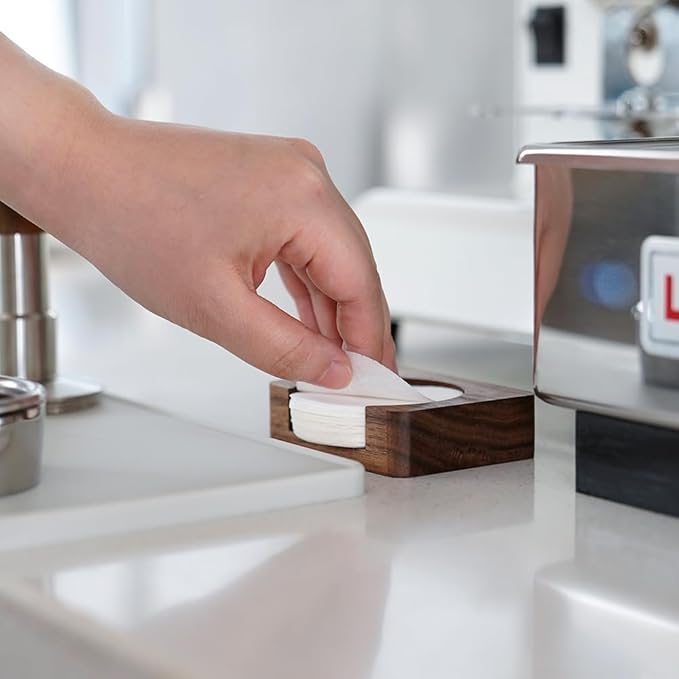 Espresso Paper Filter Holder Coffee Filter Storage Container Coffee Filter Dispenser Compatible with 51mm/53mm/54mm/58mm Round Disposable Puck Screen Paper Filters, Wood