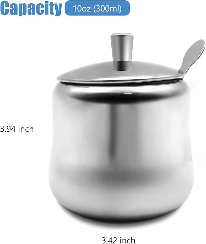 Stainless Steel Sugar Bowl, 10 OZ, 300 ml, with Lid and Spoon, Silver, Round, Geometric Pattern, Durable, Rust Resistant, Dishwasher Safe, Home and Kitchen Storage