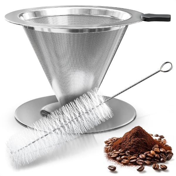 Stainless Steel Pour Over Coffee Maker - 3.18x4.48" Pour Over Coffee Dripper with Wide Secure Base, Large Plastic Handle, and Brush for Easy Cleaning – Ensures Well-Balanced, Clean Flavor