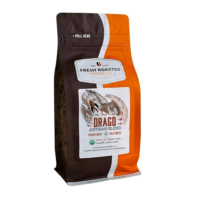 Fresh Roasted Coffee, Organic Drago Café Blend | USDA Organic, Kosher | Medium Roast 12 oz Ground