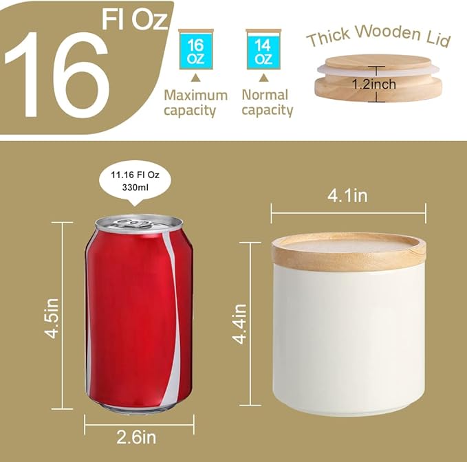 Sweejar Kitchen Canisters Ceramic Food Storage Jar, Stackable Containers with Airtight Seal Wooden Lid for Serving Ground Coffee, Tea, Sugar, Salt and More - 16 Fl Oz (White)